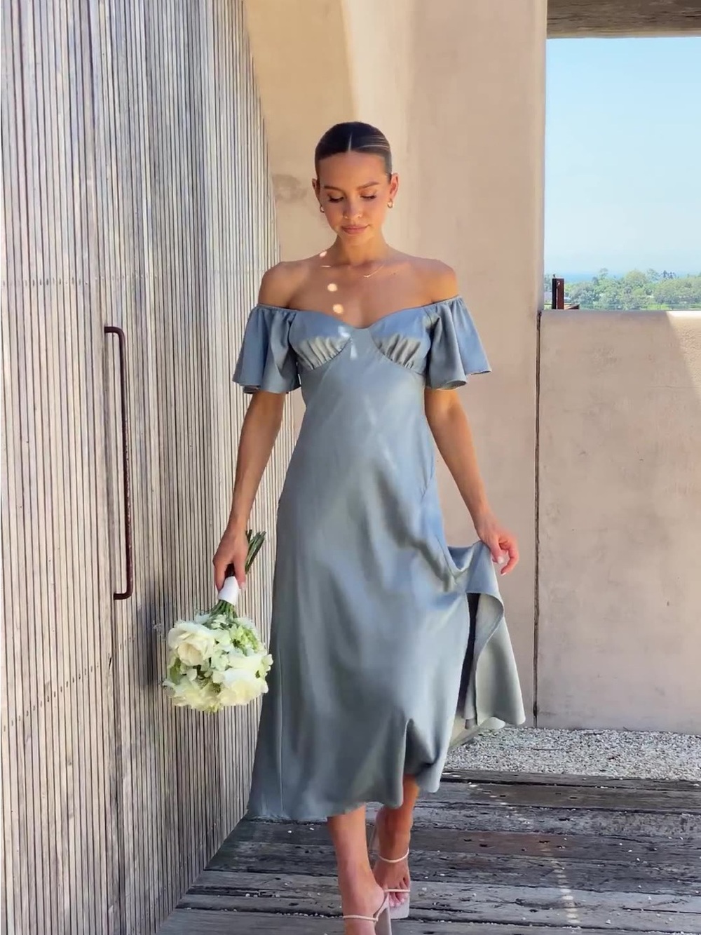 Off-Shoulder Satin Midi Dress in Sage